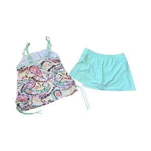 Tankini Swimsuit Set Paisley‎ Floral Print Skirted Bottoms Aqua Green Womens